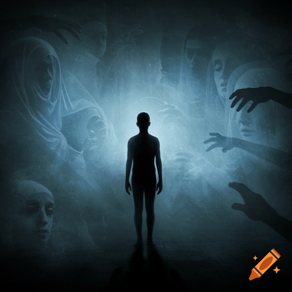 A silhouetted person stands in a misty, dark space surrounded by ghostly, ethereal figures with outstretched hands.