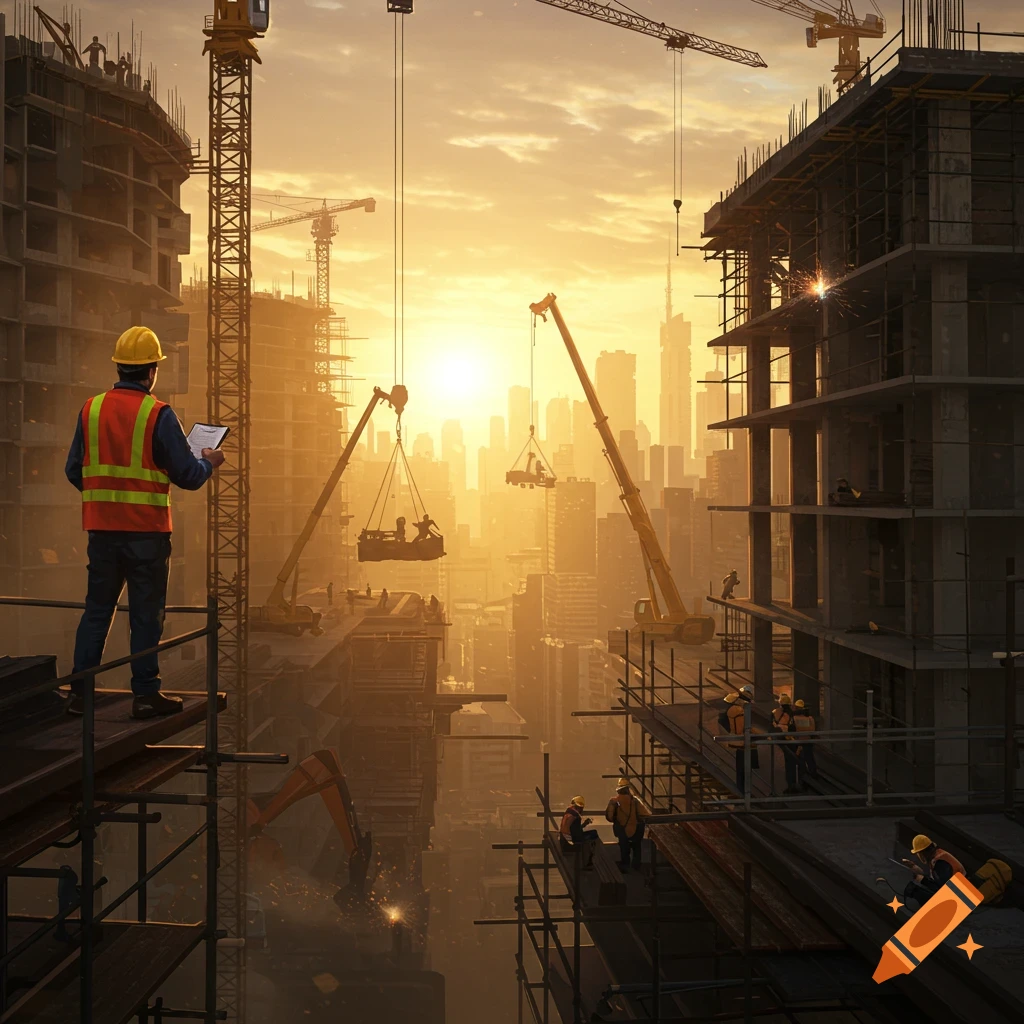 Construction workers at a large building site during sunset, with cranes and scaffolding, overlooking a cityscape.