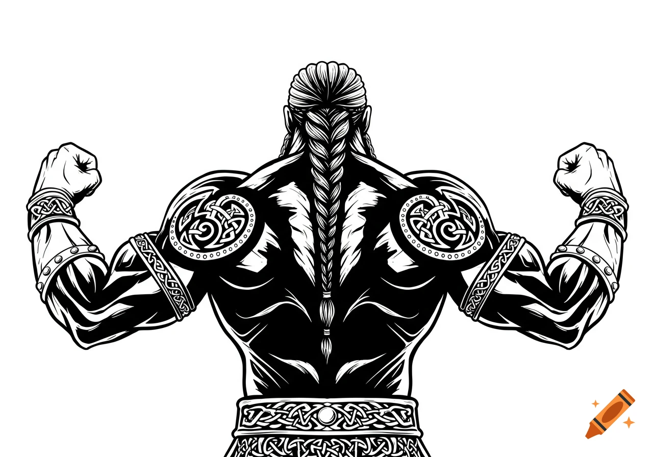 Back view of a muscular Celtic warrior with braided hair, flexing, adorned with Celtic knot patterns in black and white outline style.