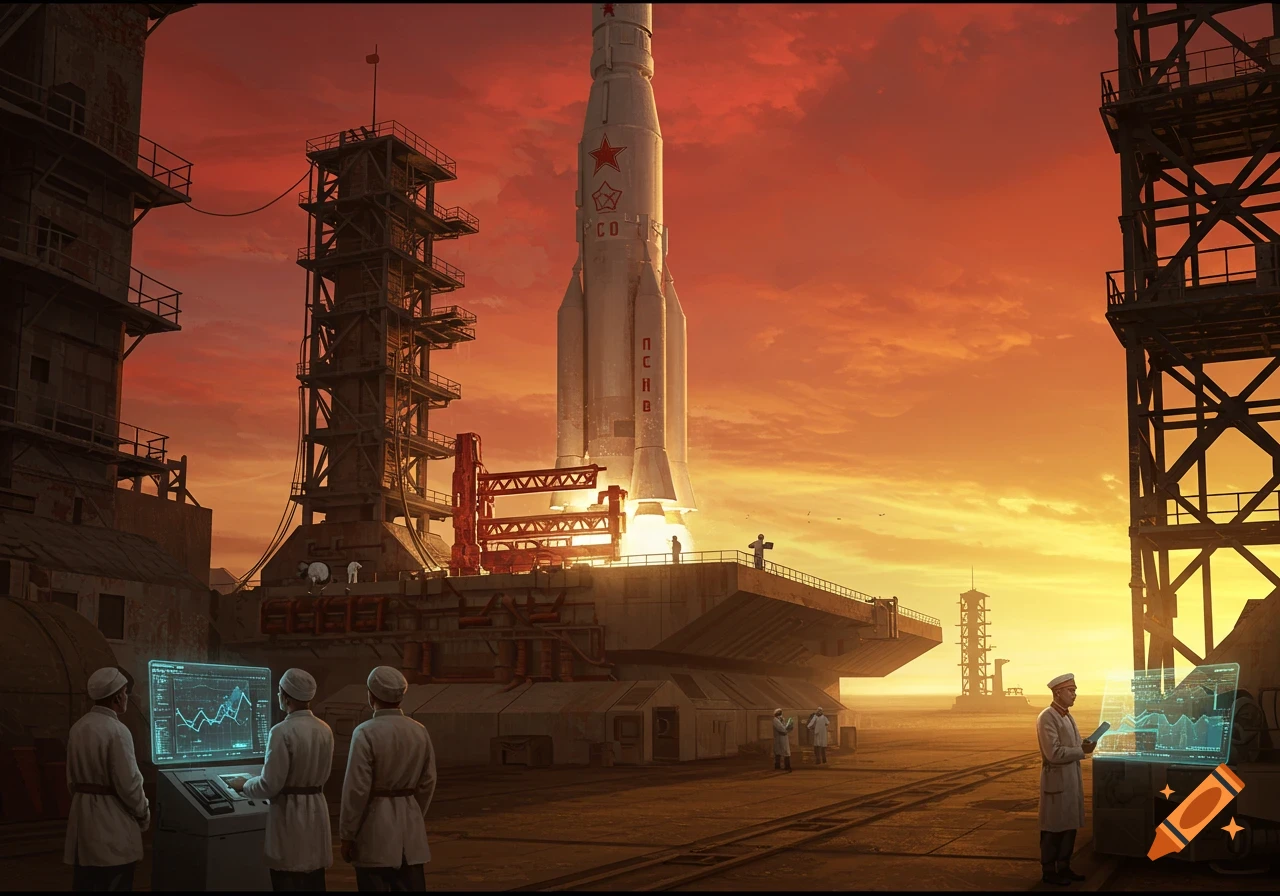 A large rocket with a red star symbol stands on a launch pad at sunset, with engineers monitoring holographic screens.