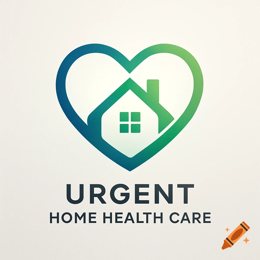 A blue and green gradient logo featuring a house icon inside a heart shape, with the text 'URGENT HOME HEALTH CARE' below.