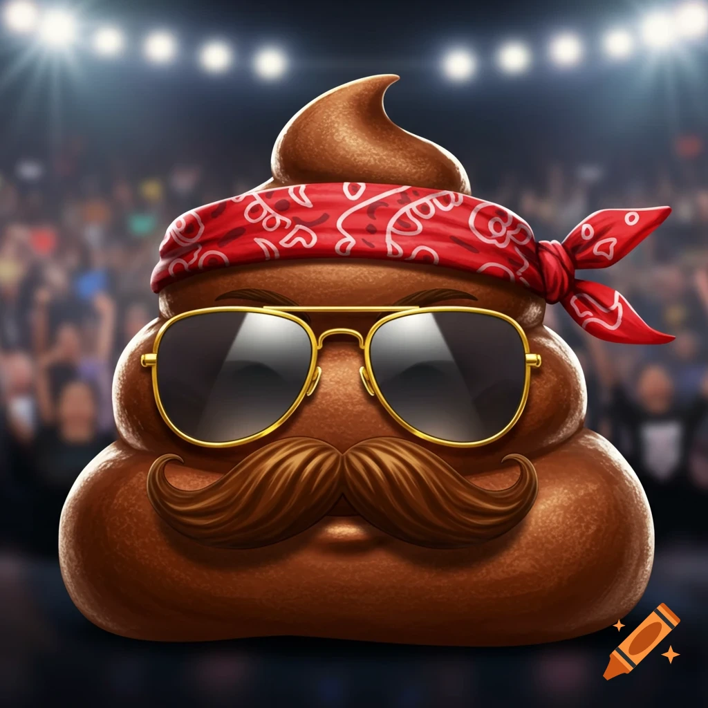 A cartoon poop emoji character wearing sunglasses, a mustache, and a red bandana, in an arena.