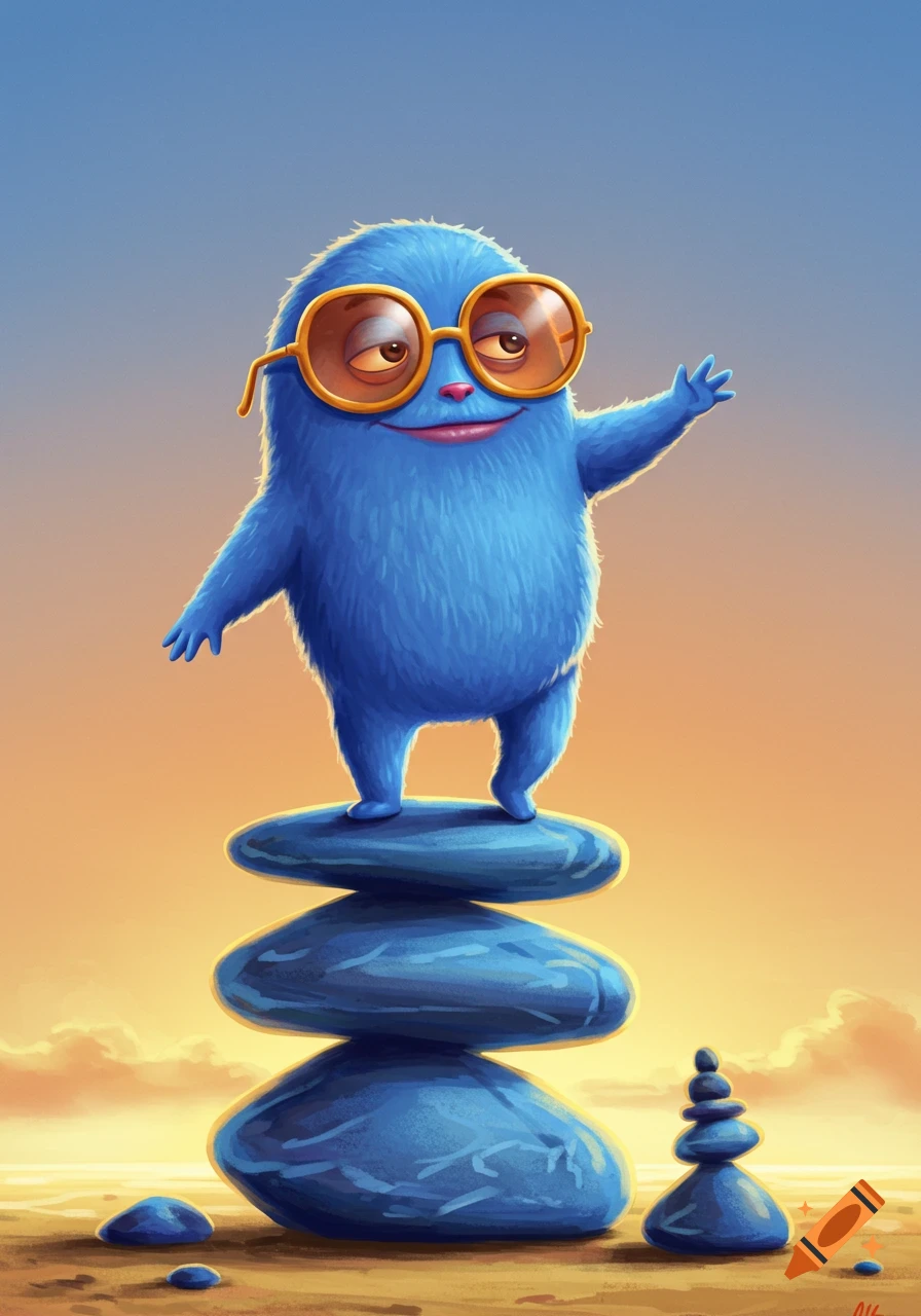 A cute, fluffy blue monster wearing orange sunglasses stands on a stack of smooth blue stones at sunset, with one arm raised.
