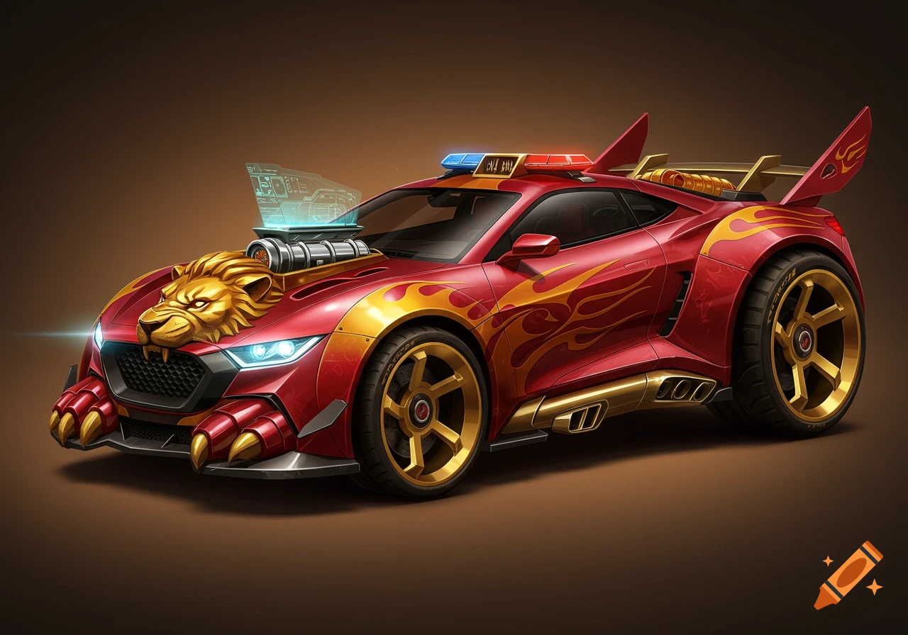 A highly stylized red and gold concept car with a lion's head and paws, flame decals, and a police light bar.