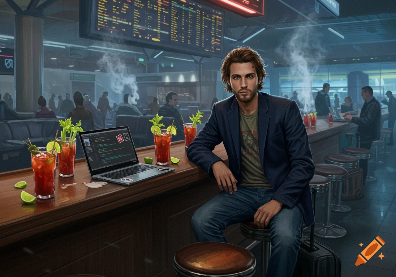 A man in a blazer and jeans sits at an airport bar with Bloody Marys and a laptop, looking at the viewer.