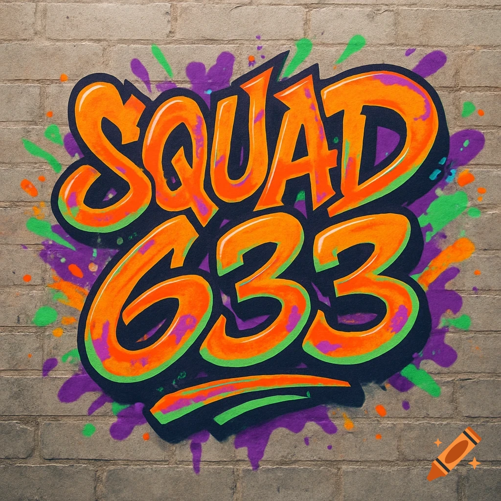 Colorful graffiti art spells 'SQUAD 633' on a brick wall, with paint splashes.