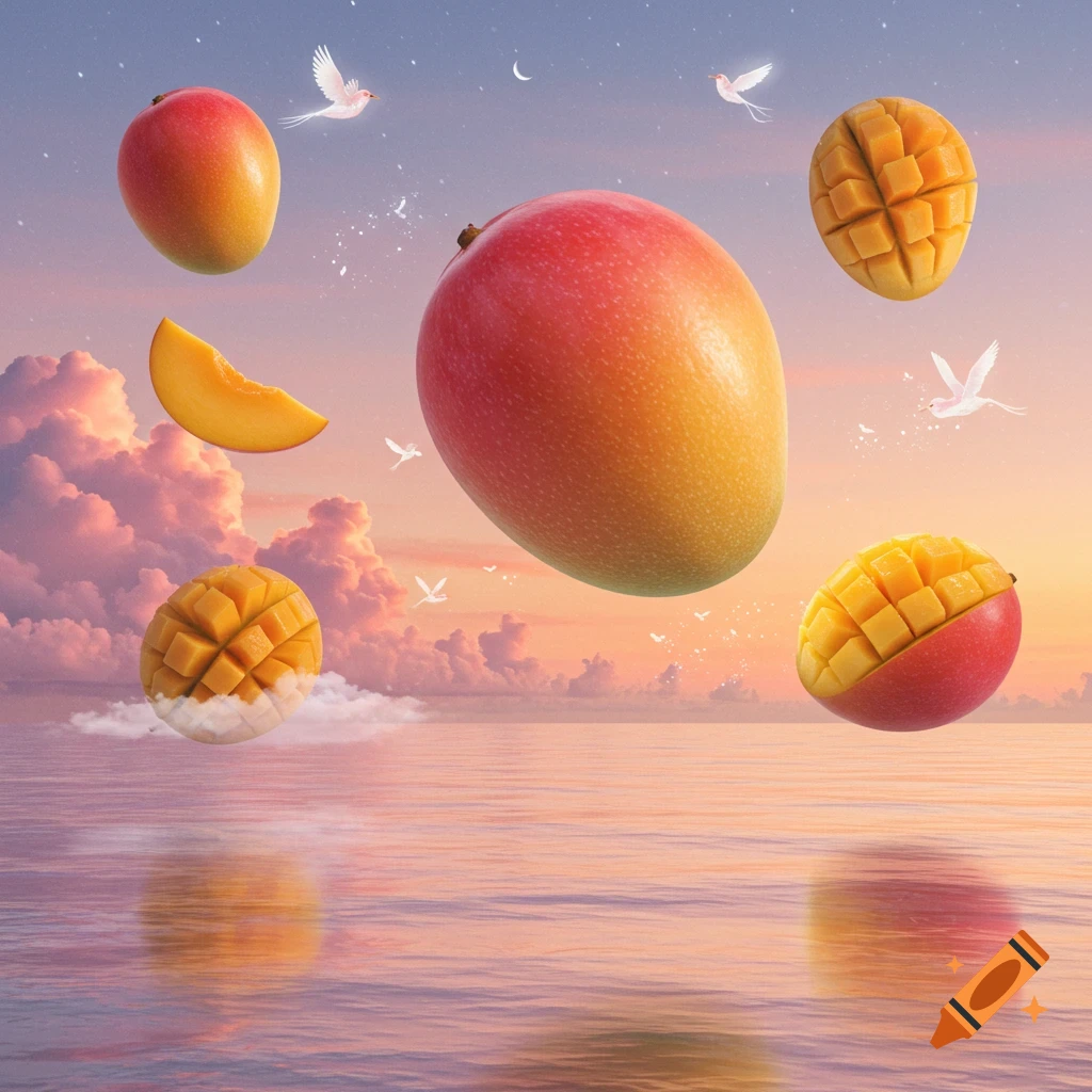 Photorealistic whole and sliced mangos float in a dreamy pastel sky over a calm ocean, with clouds, birds, and reflections.