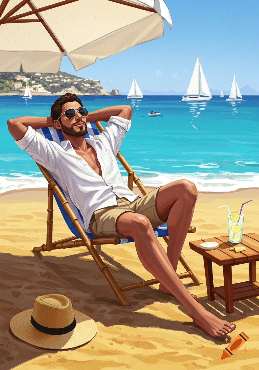 Illustrated man relaxing in a beach chair on a sunny beach, with sailboats on turquoise water in the background.