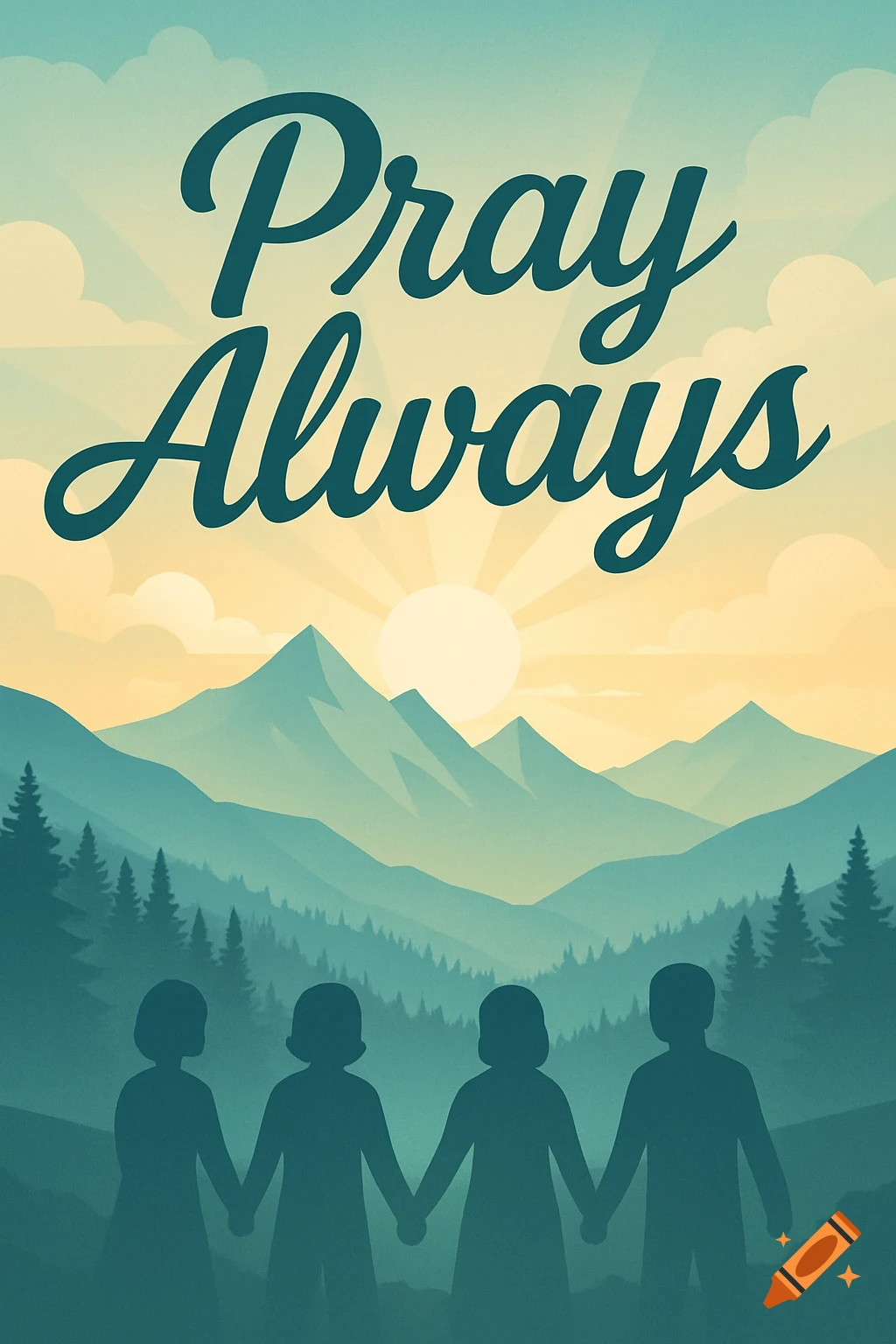 Illustration of a sunrise over mountains and pine trees, with four people holding hands in silhouette. Large text reads 'Pray Always'.