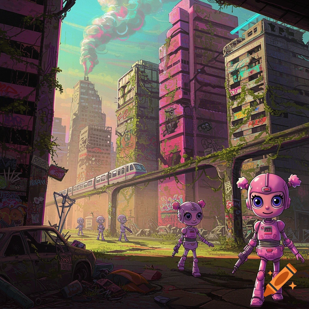 Pink robots walk through a vibrant, decaying post-apocalyptic city with overgrown buildings, graffiti, and a monorail.