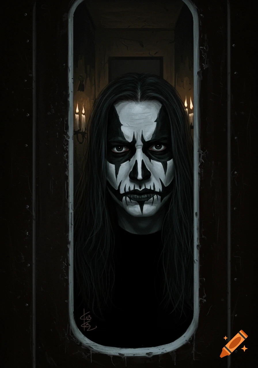 A person with black and white corpse paint and long dark hair peers through a peephole, with lit candles in the dark background.