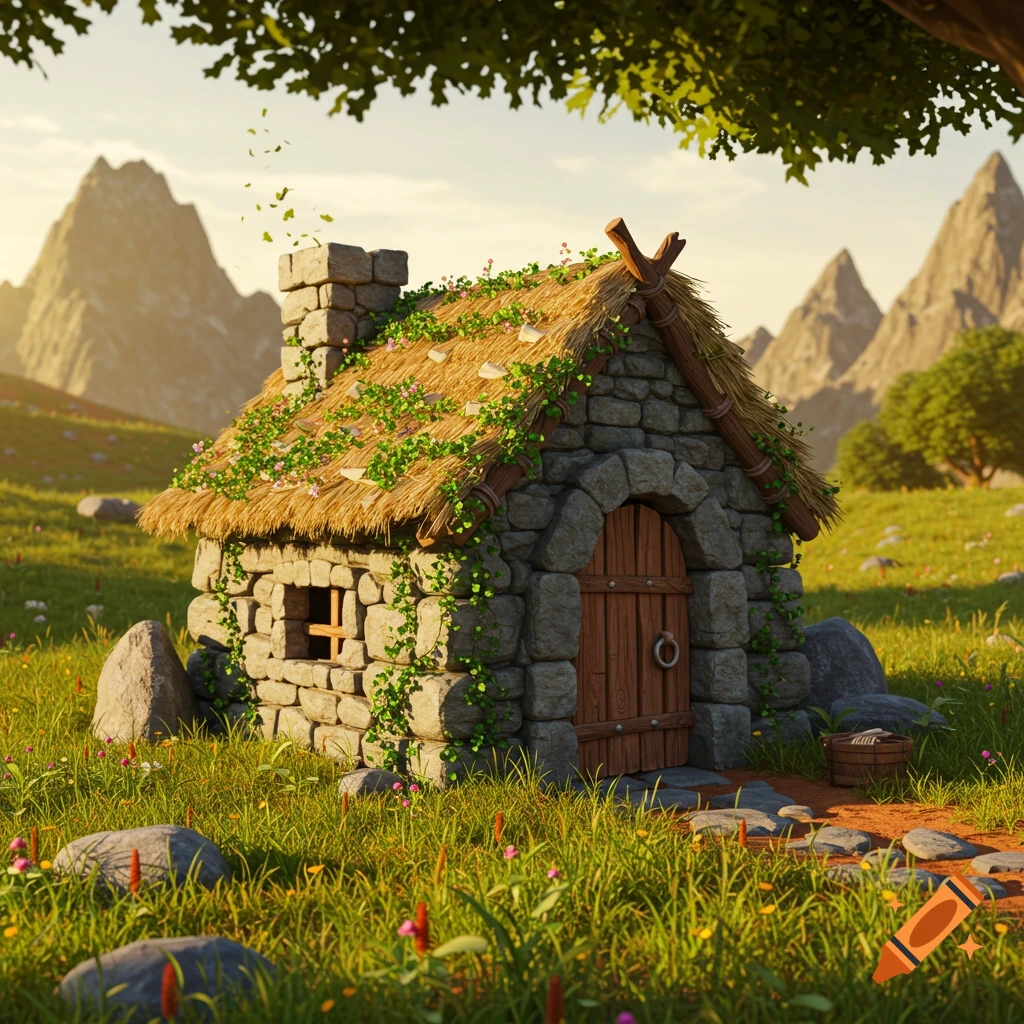 A stylized 3D render of a stone hut with a thatched roof, moss, and vines in a grassy valley with mountains.