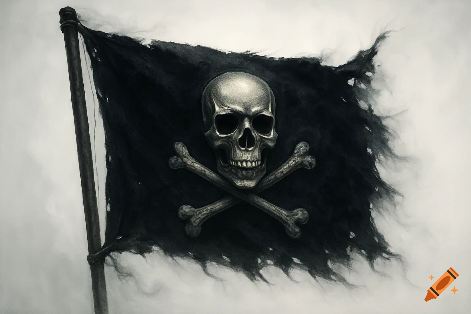 A tattered black pirate flag with a silver skull and crossbones against a white background, in a stylized black and white rendering.
