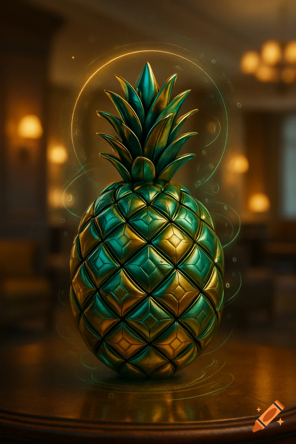 A stylized, metallic pineapple with green and gold facets, emanating a golden glow, sits on a wooden table in a warmly lit room.
