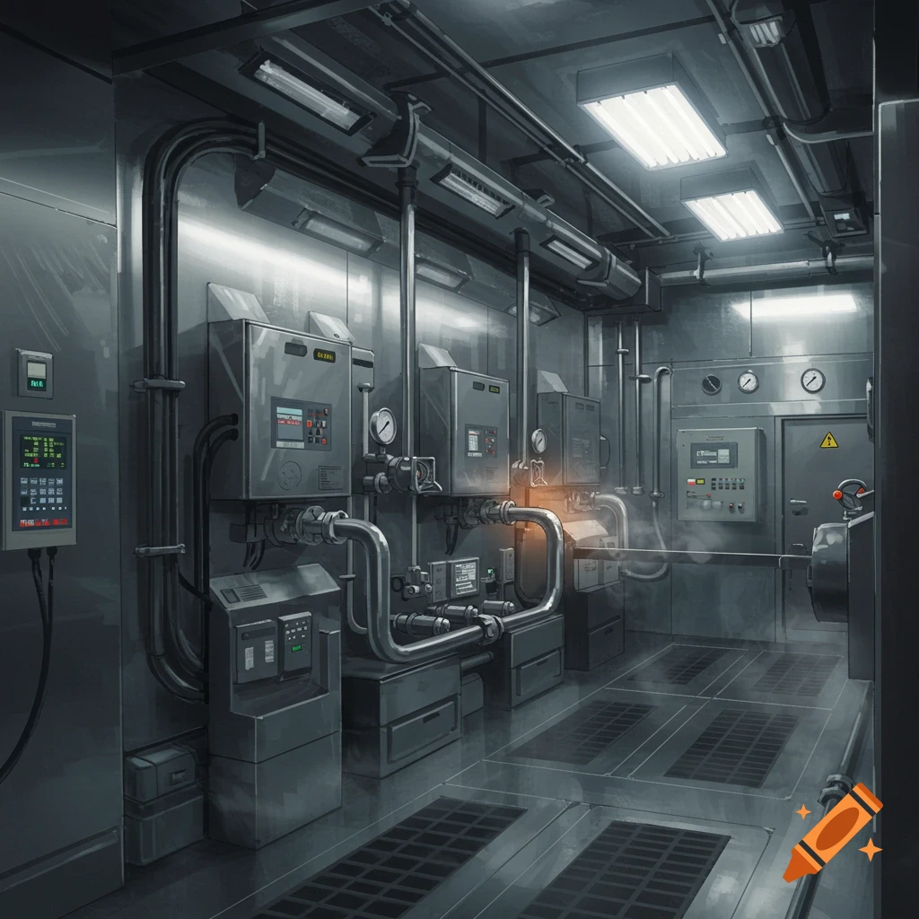 A dark industrial room with complex machinery, pipes, glowing screens, and control panels, with steam.