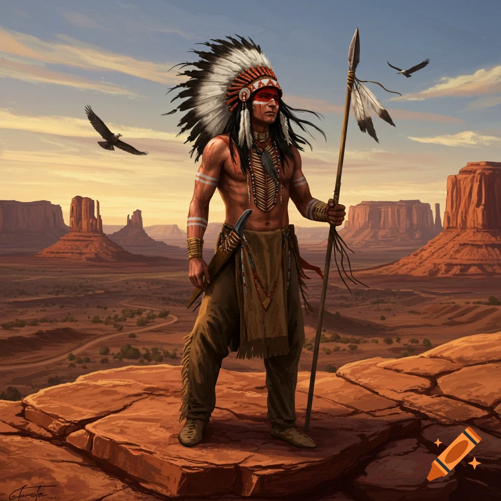 A Native American warrior in traditional headdress and attire stands with a spear in a desert landscape at sunset, with two eagles flying overhead.