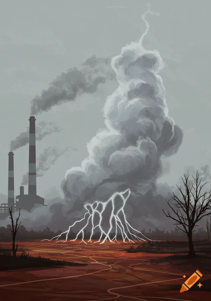 A stylized illustration of industrial pollution, with smoking factory chimneys and a desolate, reddish-orange landscape.