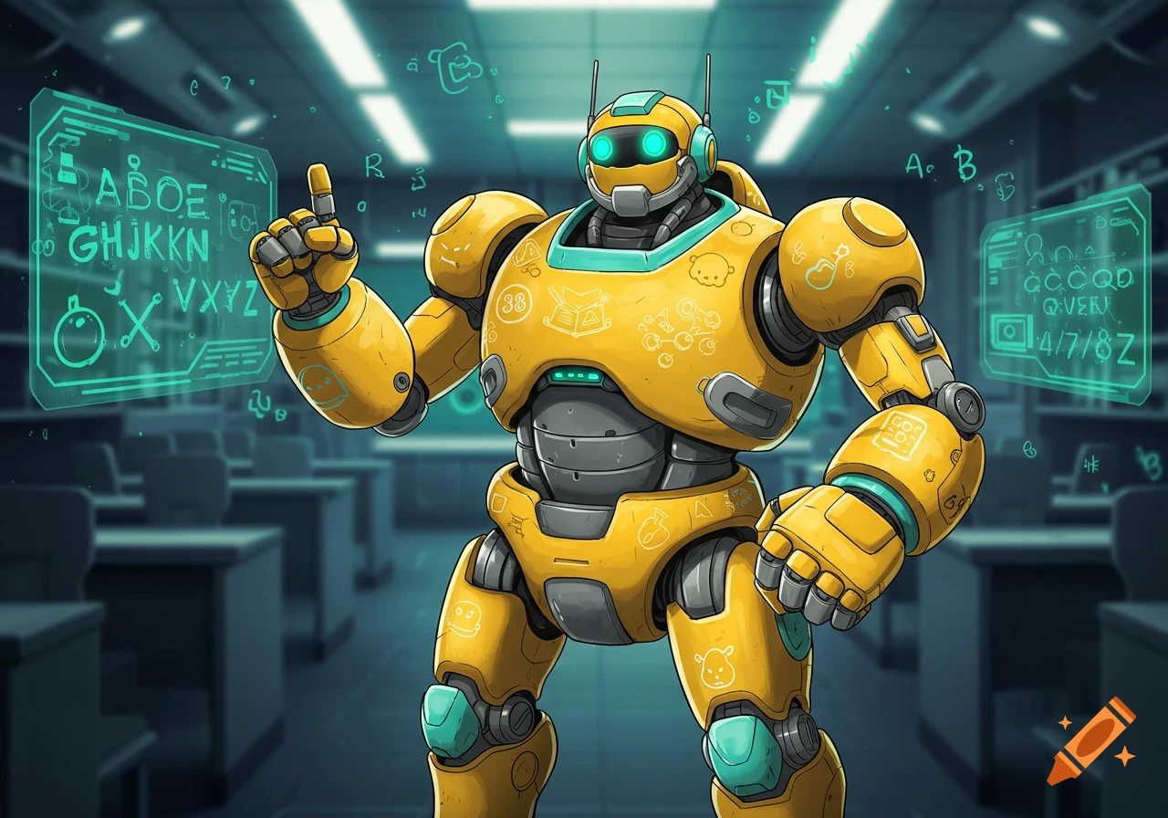 A yellow and gray robot with glowing blue eyes points at a holographic screen displaying letters and symbols in a futuristic classroom setting.