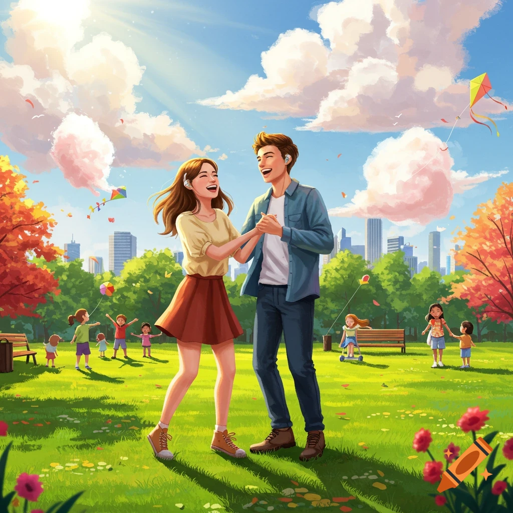 A young couple holding hands and laughing in a sunny park with children playing nearby, in a vibrant illustration style.