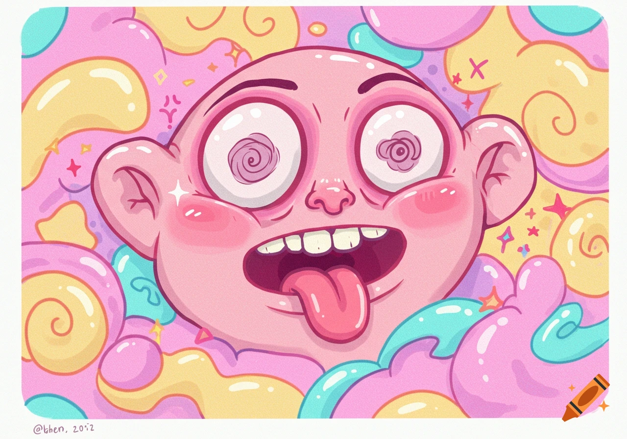A vibrant, whimsical cartoon illustration of a head with wide, spiraling eyes, a wide smile, and a tongue sticking out, surrounded by colorful abstract shapes in a pop art style.