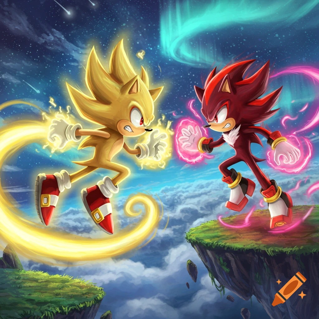 Super Sonic and Super Shadow clash in a dynamic digital illustration over floating islands under a starry, aurora-lit sky.