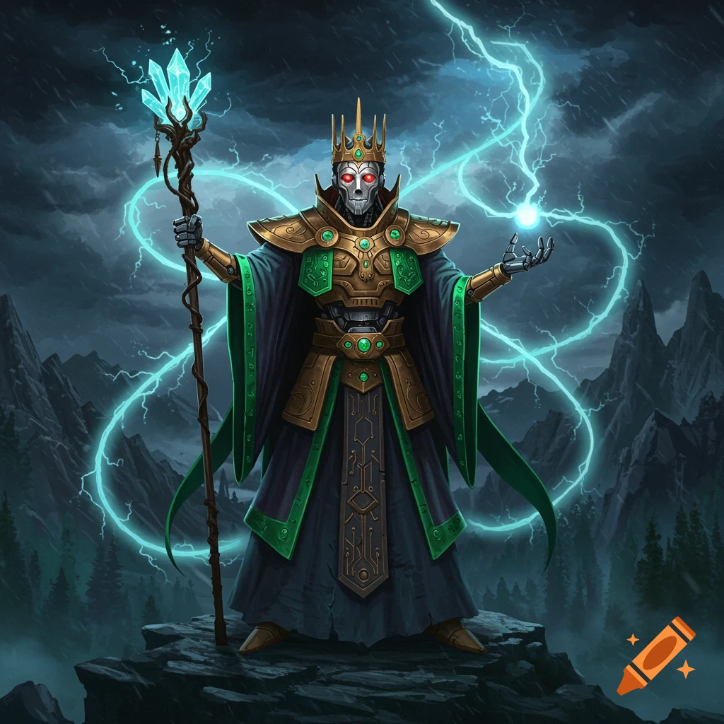 A robot king, dressed in green and gold robes, stands on a rocky mountain peak, wielding a crystal staff and summoning electric lightning from a stormy sky.