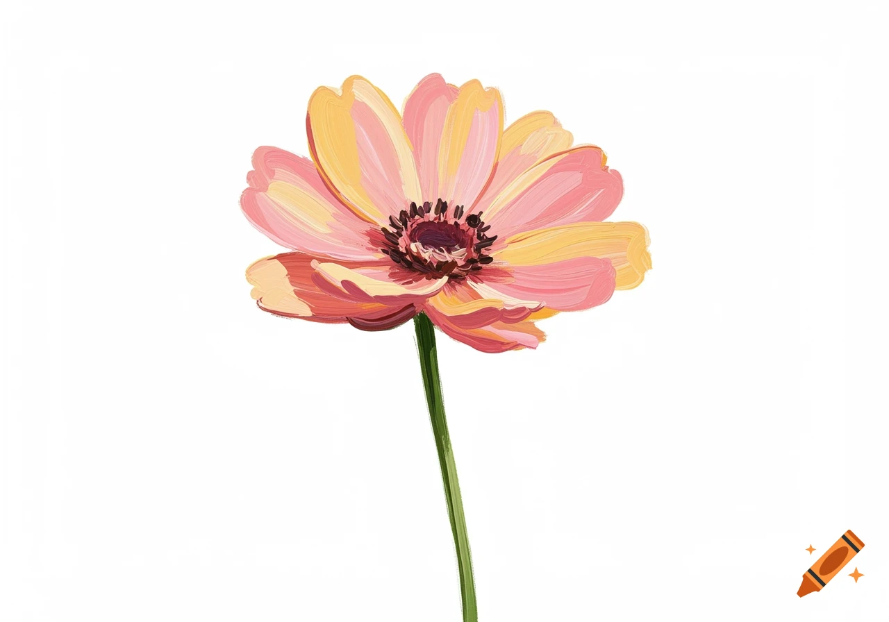 A modern impressionist painting of a pink and yellow flower with a green stem on a white background.