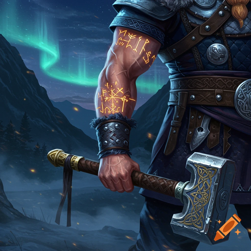 Close-up of a Viking warrior's arm with glowing runes, holding an ornate hammer against snowy mountains under the aurora borealis.