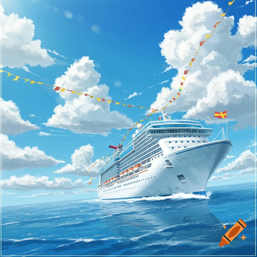 Anime-style illustration of a large white cruise ship sailing on a blue ocean under a bright sky with white clouds and colorful flags.