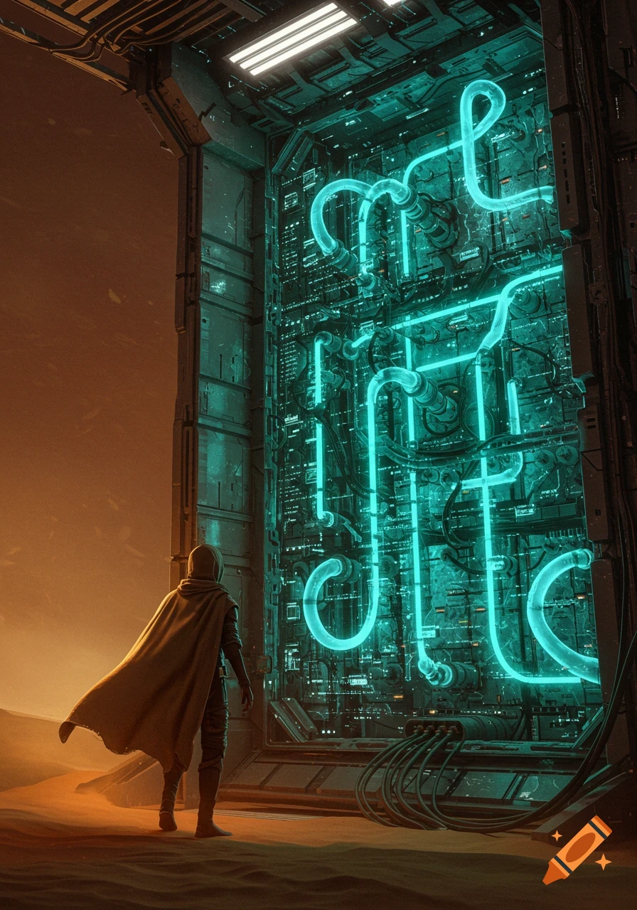 A robed figure stands in a desert looking at a massive, glowing futuristic structure.