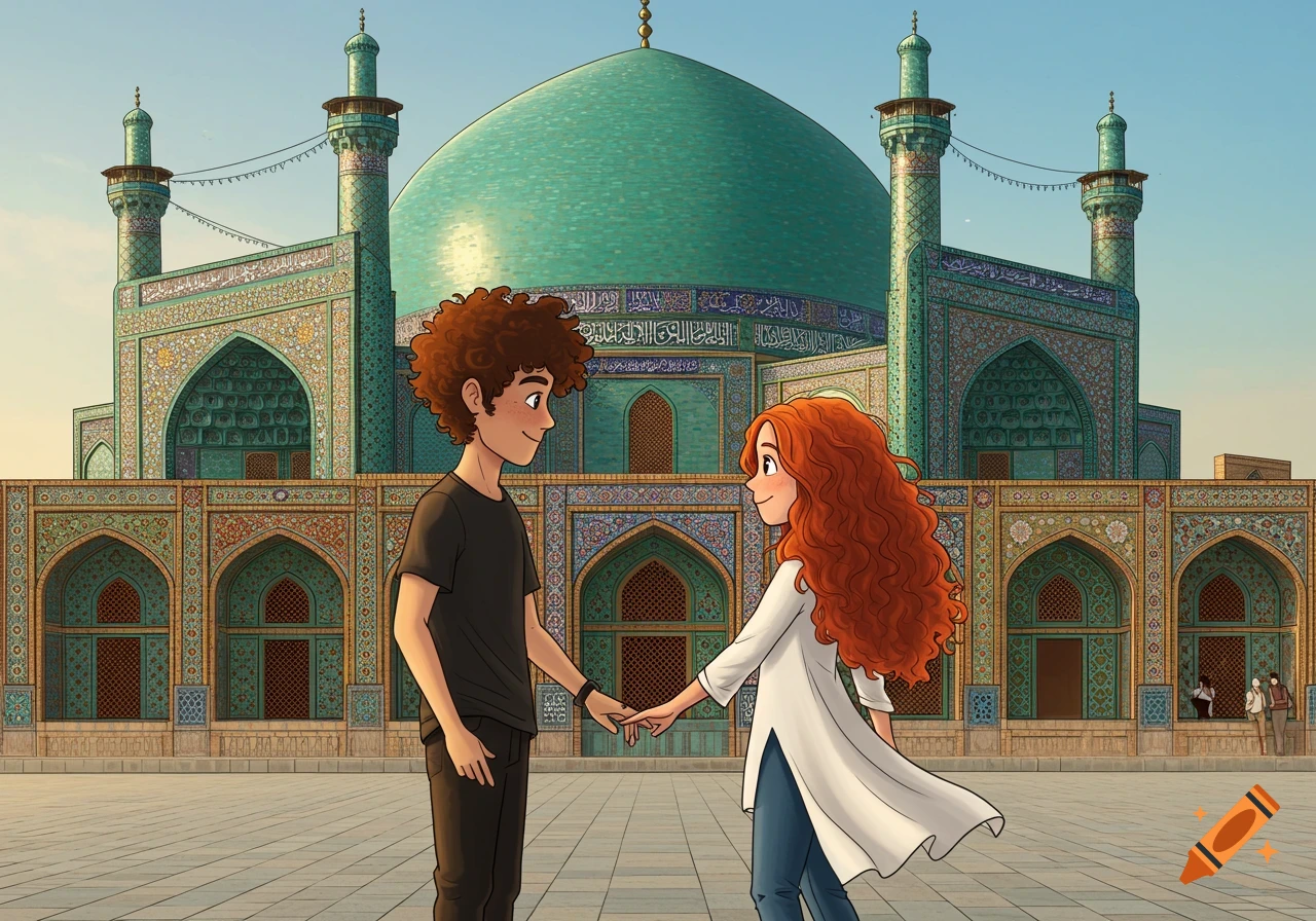 Cartoon illustration of a curly-haired boy and a red-haired girl holding hands in front of a turquoise-domed mosque.