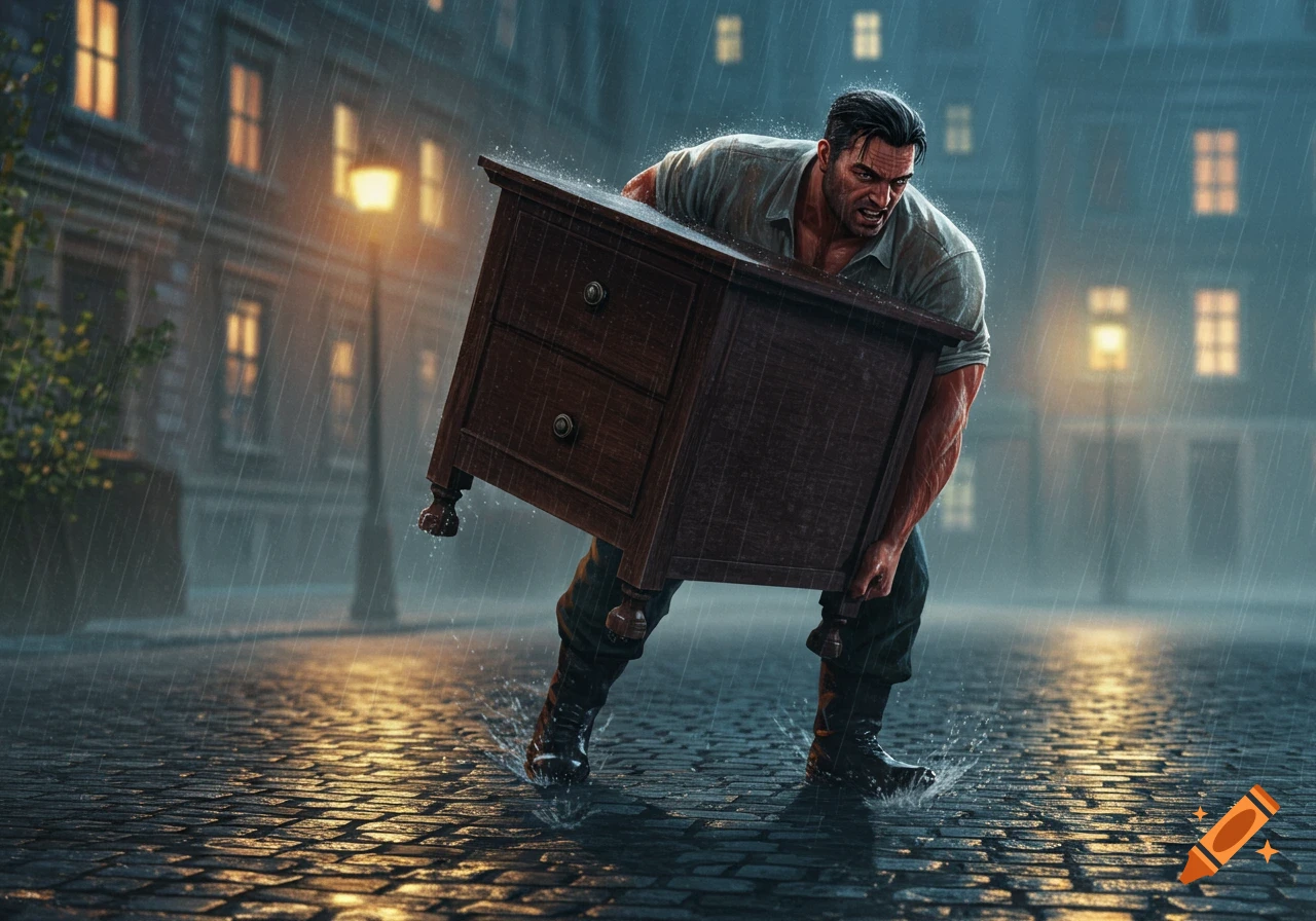 A muscular man struggles to carry a heavy wooden dresser down a wet, cobblestone street in the pouring rain at night, illuminated by streetlights.