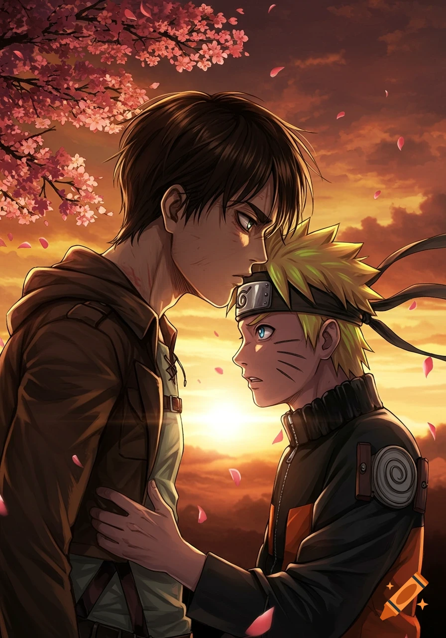 Anime illustration of Eren Yeager leaning his forehead against Naruto Uzumaki's in a tender moment, with a sunset and cherry blossoms.
