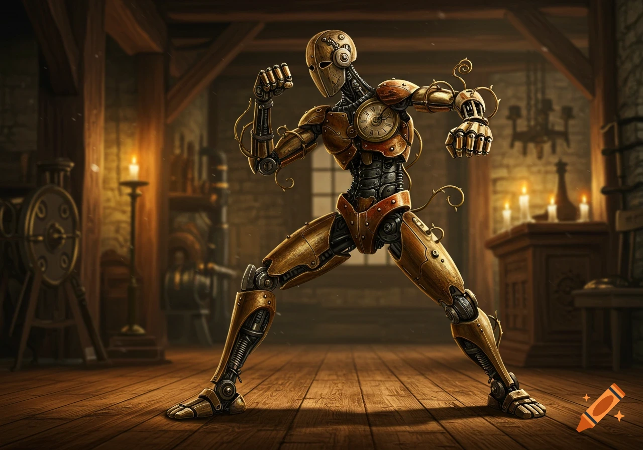A bronze and gold steampunk clockwork robot in a sparring pose within a rustic wooden room with candles.