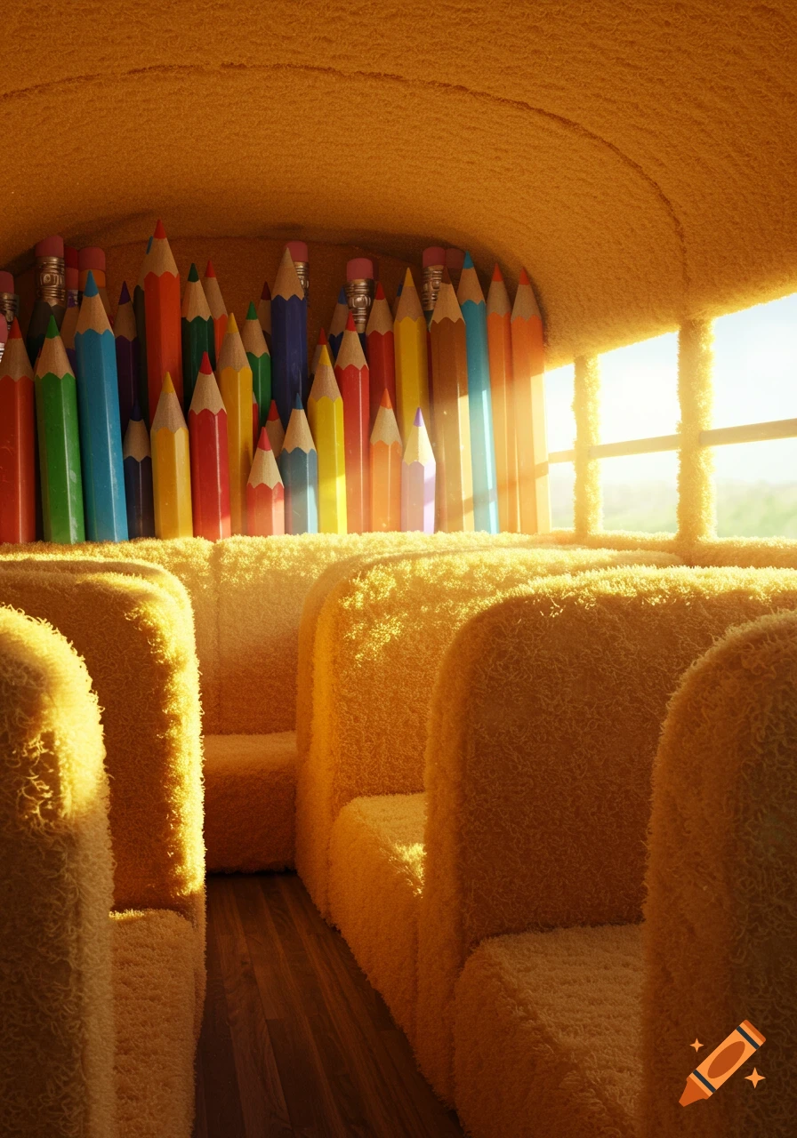Interior of a fuzzy yellow school bus with oversized colorful pencils standing upright in the front, bathed in sunlight.
