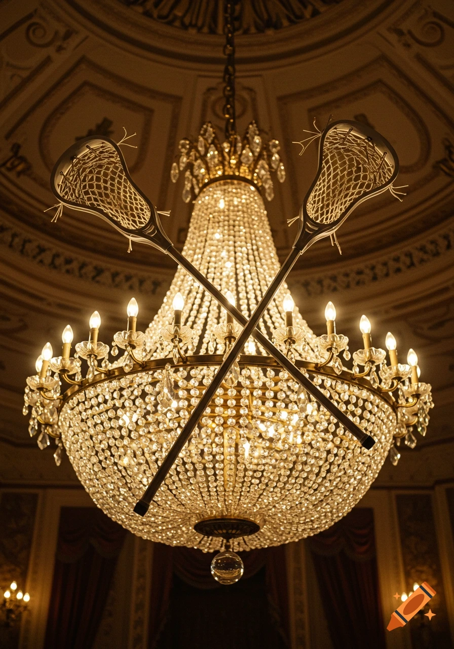 A grand, ornate crystal chandelier with two lacrosse sticks crossed in front of it, set in a lavish room.