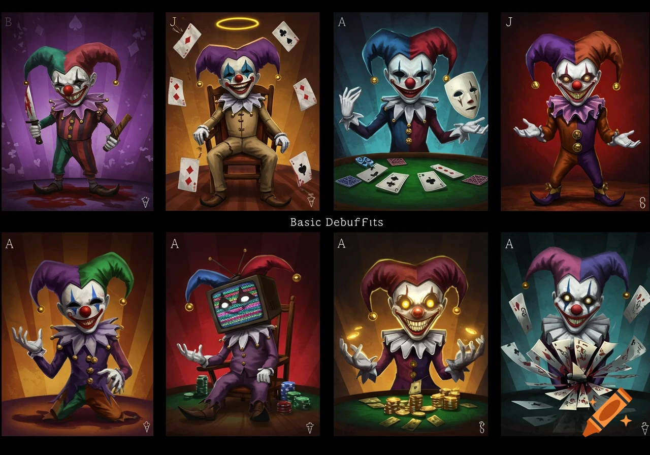 A grid of eight stylized joker characters in playing card format, some with weapons, some playing poker, one with a TV head.