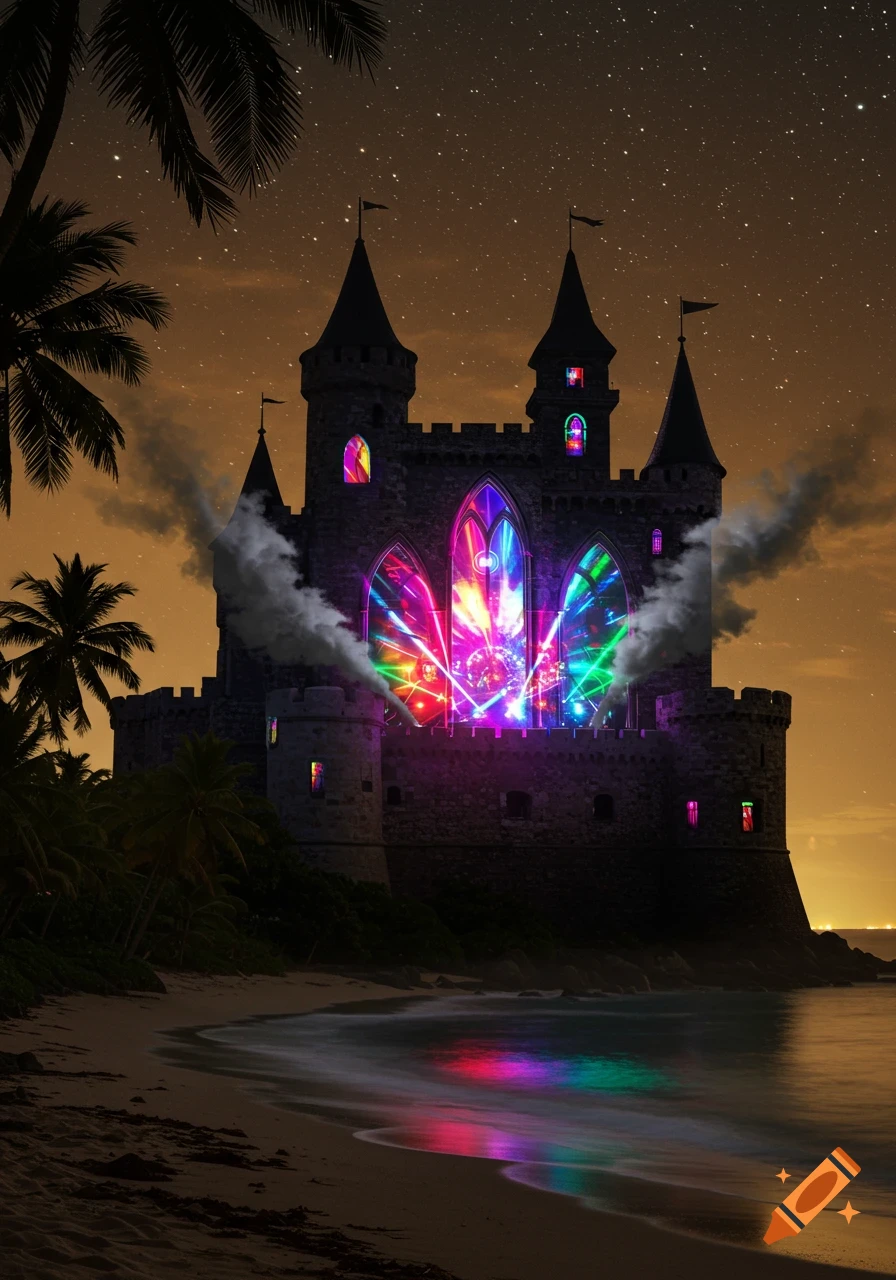 A medieval castle on a tropical beach at night, illuminated by bright, colorful rave lights emanating from its windows and reflecting on the water.