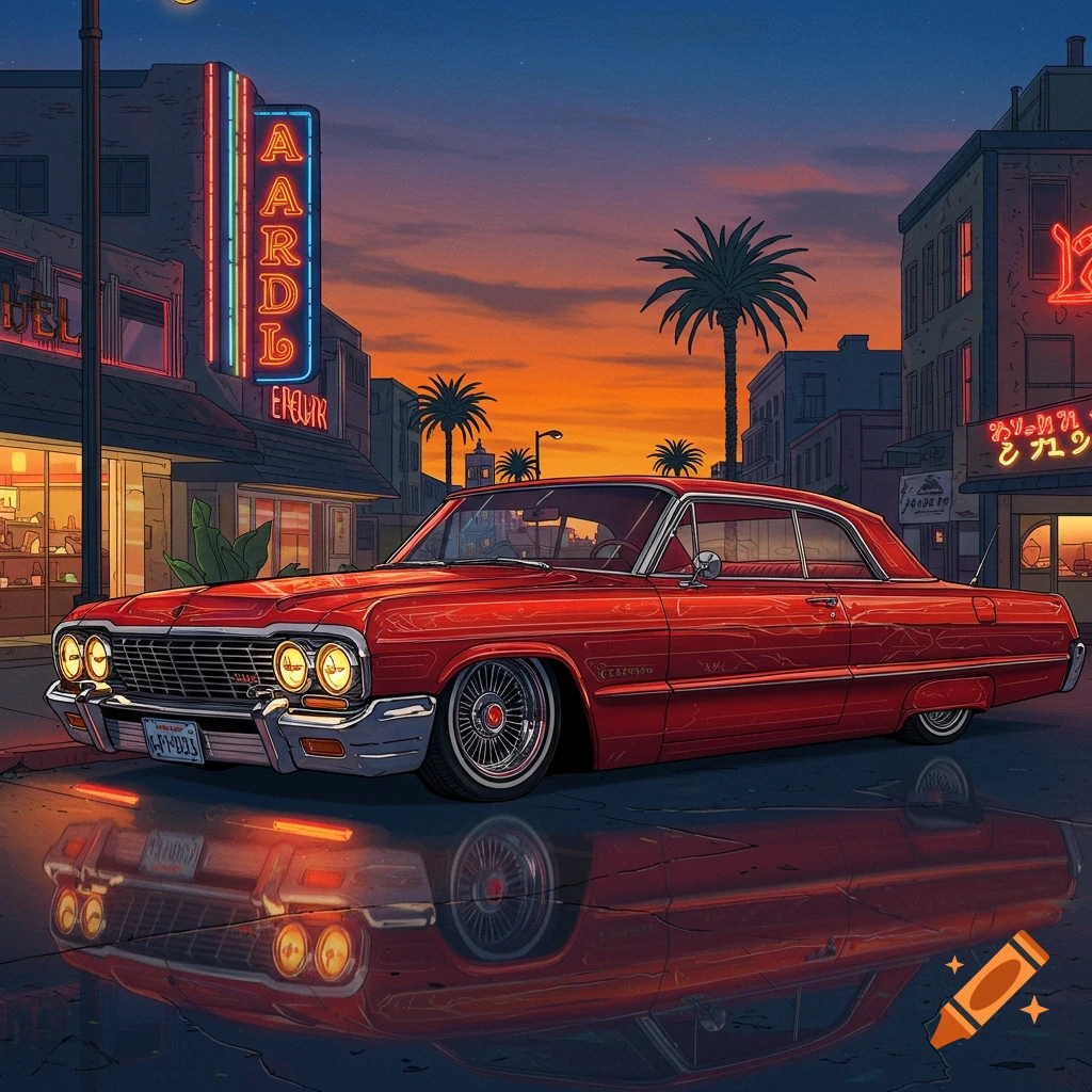 Red lowrider car parked on a wet city street at sunset with neon signs and palm trees in an illustrated style.