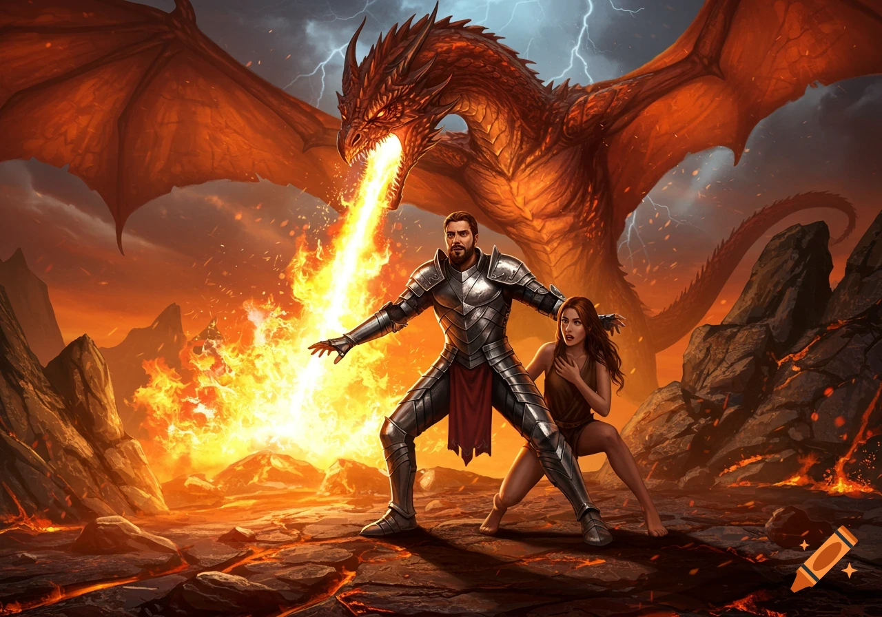 A knight protects a woman from a fire-breathing dragon in a fiery, volcanic landscape under a stormy sky.