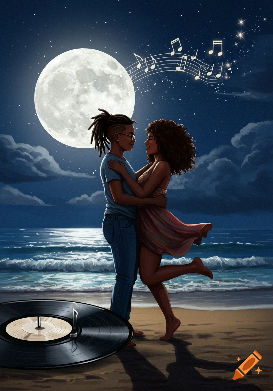 An illustrated lesbian couple dances on a moonlit beach with a large full moon, musical notes, and a vinyl record in the foreground.