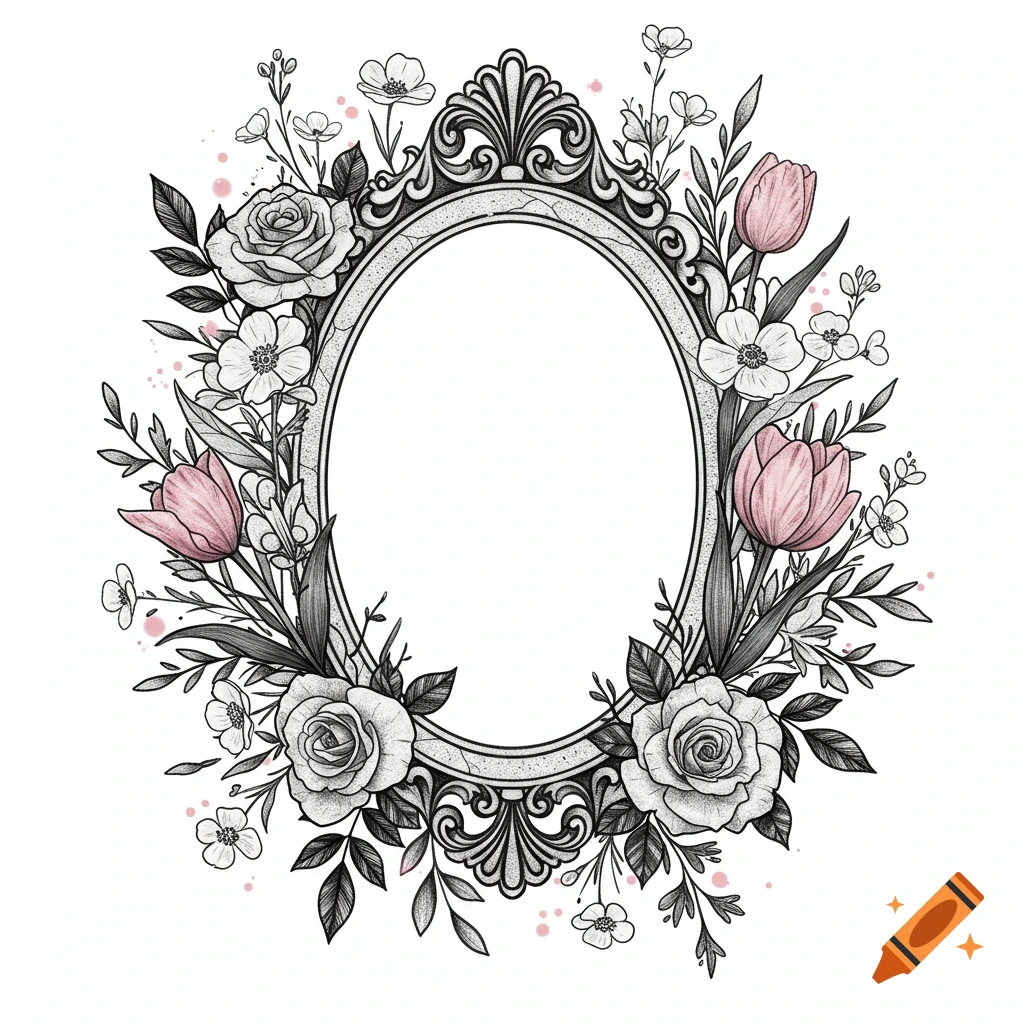 An ornate oval black and white antique frame surrounded by roses, tulips, and leaves, with hints of pink, on a white background.