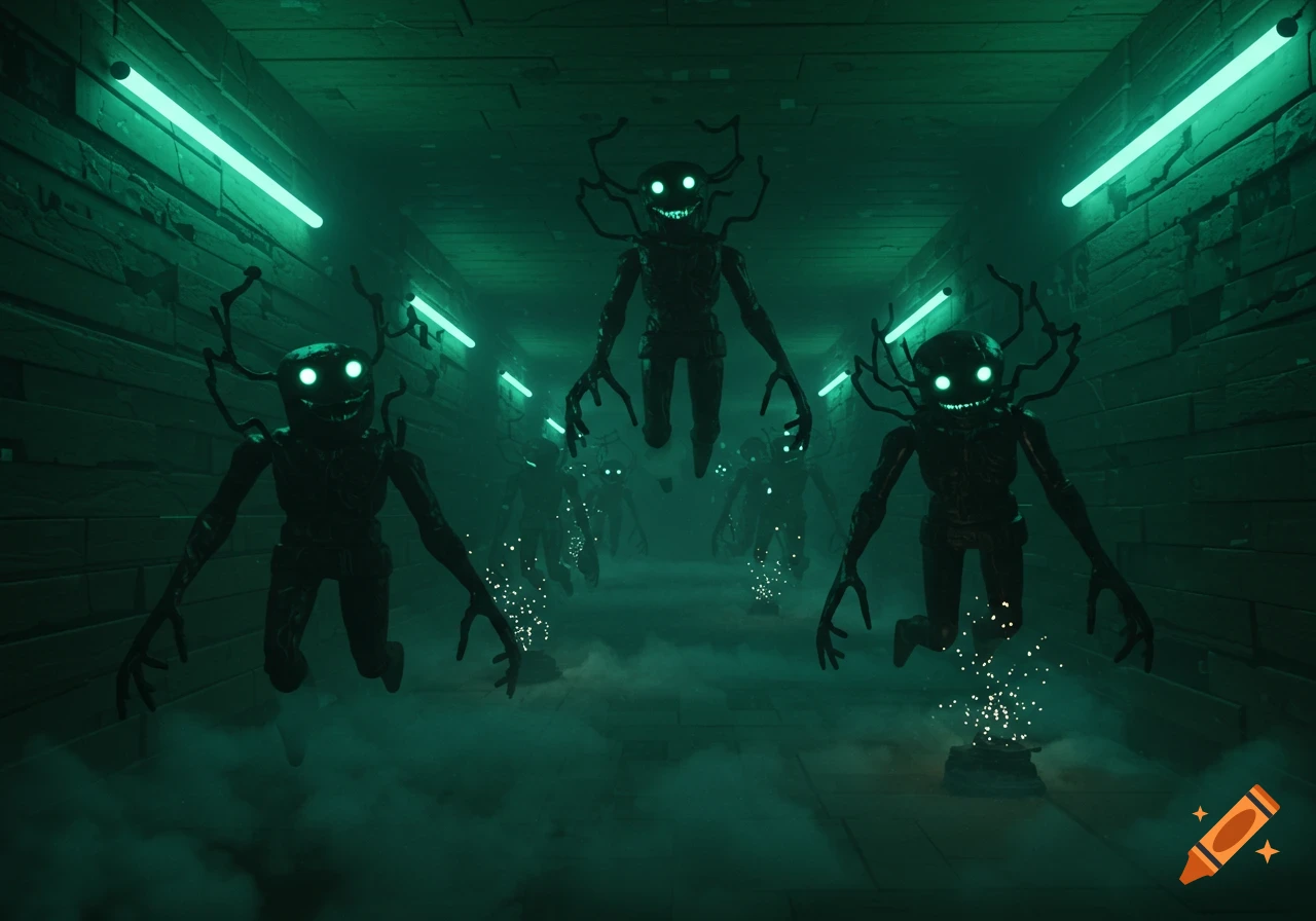 Dark, shadowy humanoid monsters with glowing eyes and tentacle-like features float in a green-lit, smoky corridor.