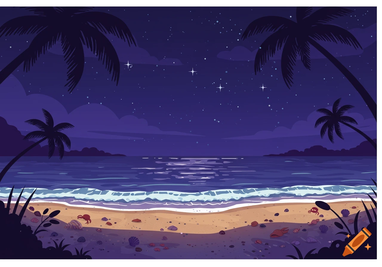 Cartoon illustration of a beach at night with palm trees silhouetted, a starry sky, glowing ocean waves, and shells on the sand.