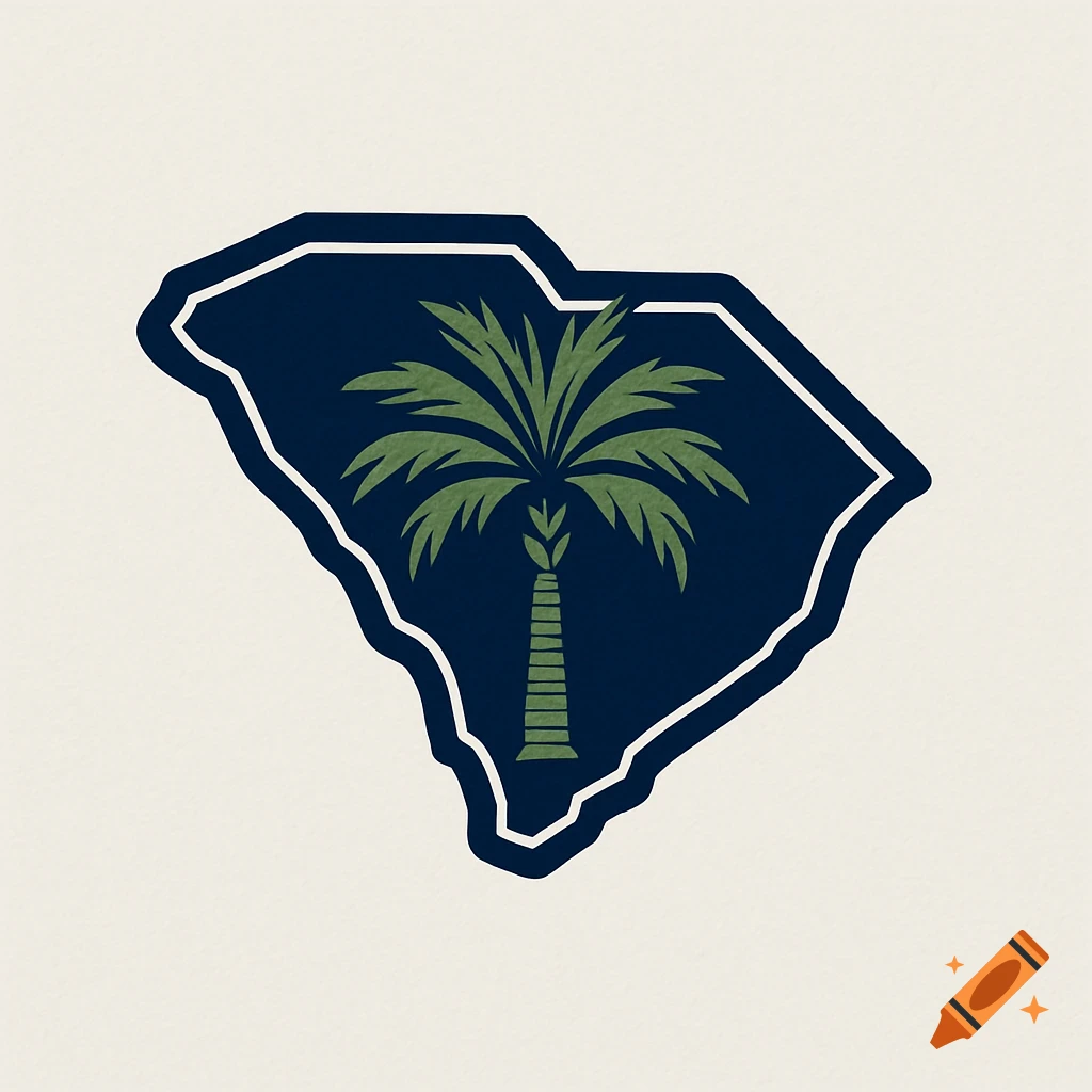 A dark blue outline of South Carolina with a green palmetto tree inside, on a cream background.