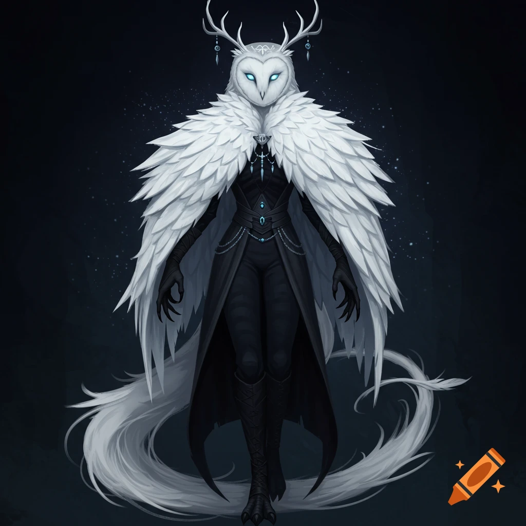 A tall, slender fantasy creature with an owl head, glowing blue eyes, white antlers, and a feathery cloak over dark attire, with a long feathered tail.