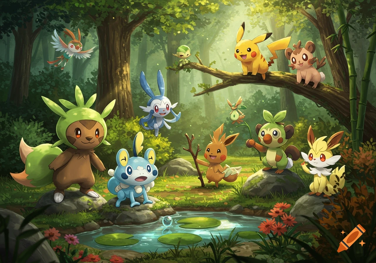 Multiple cheerful Pokemon characters like Pikachu, Chespin, Grookey, and Eevee-like creatures gather in a lush, sun-dappled forest by a small pond with lily pads.