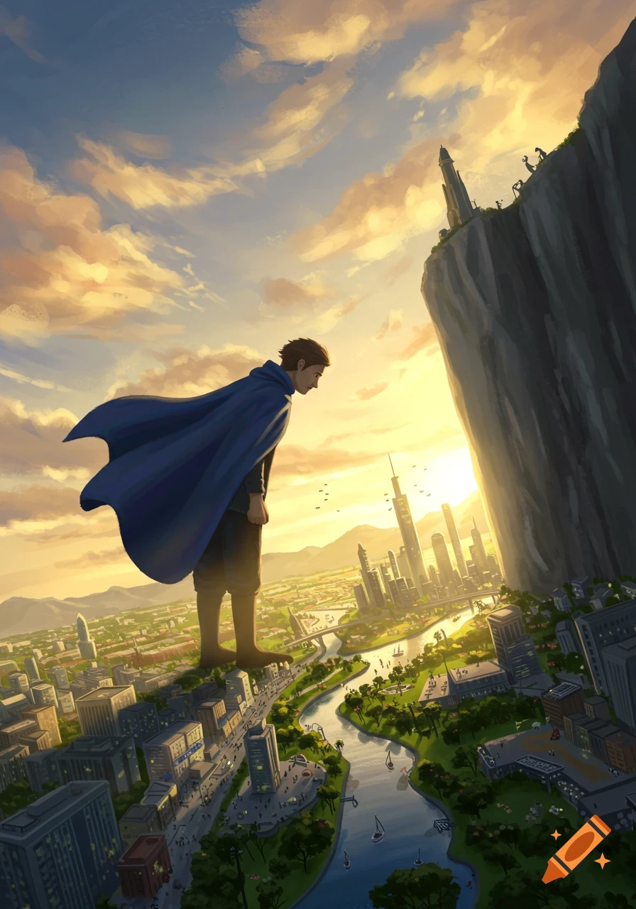 A heroic figure in a blue cape stands on a cliff overlooking a vast cityscape with a river, bathed in warm sunset light.