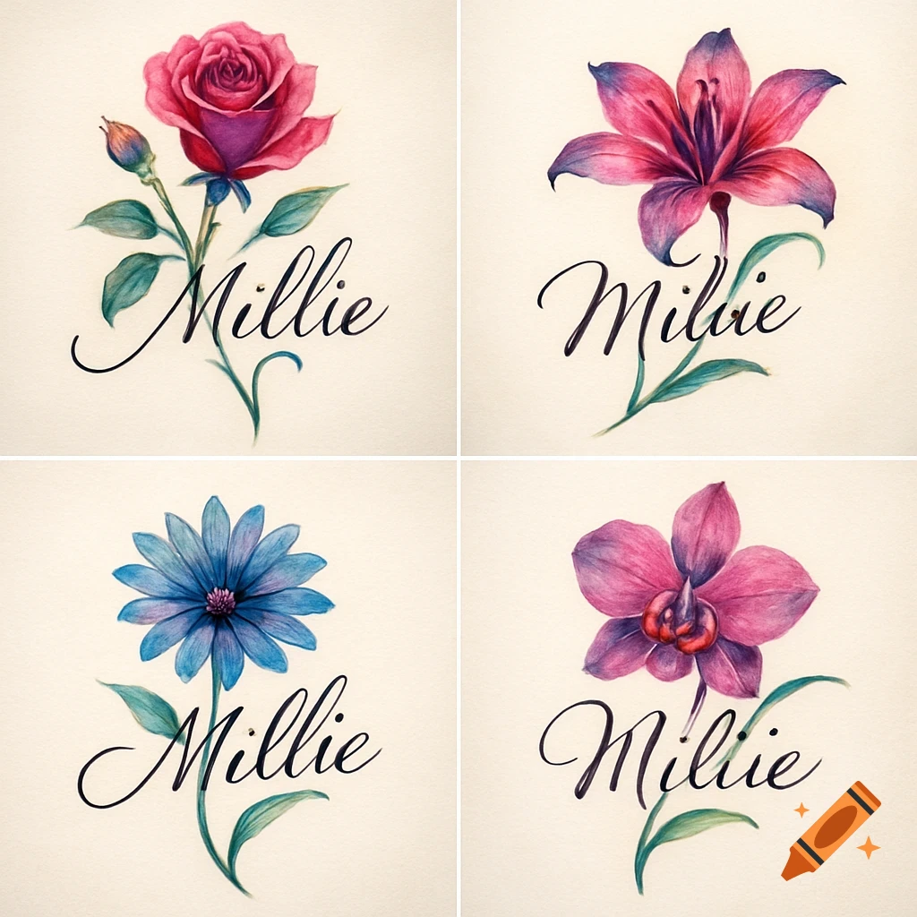 Four watercolor flower illustrations: a pink rose, a pink lily, a blue daisy, and a pink orchid, each with a name incorporated into the stem.