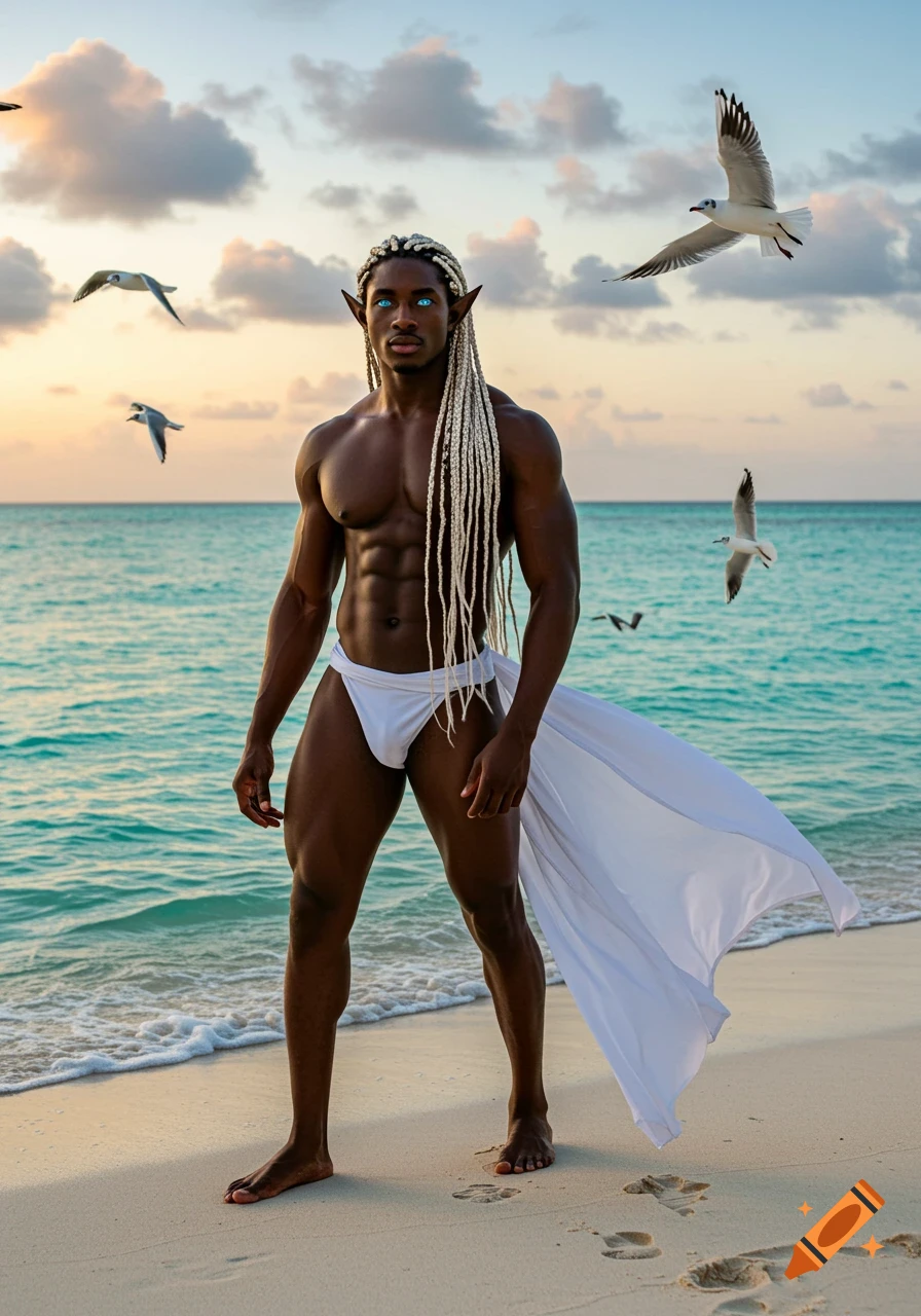 A muscled black man with long white braided hair and pointy ears stands on a white sand beach with turquoise water, wearing a white loincloth and robe.